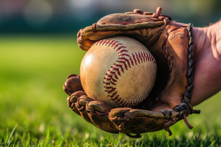 A hand grasps a well-used baseball in a vintage glove, set against a vibrant green field background.の写真素材