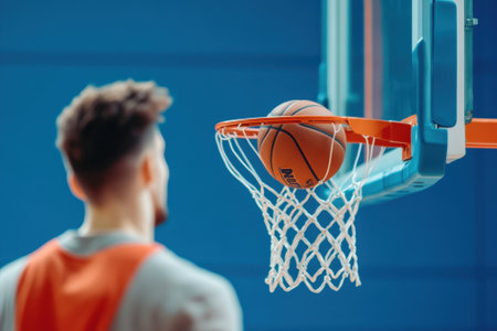 A player in an orange jersey attempts to make a basket while practicing shooting techniques in a gym.の写真素材