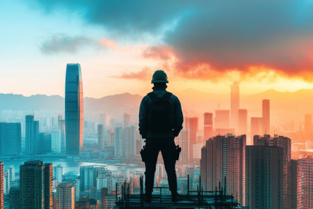 A construction worker stands atop a tall building, watching the vibrant skyline at sunset.の写真素材