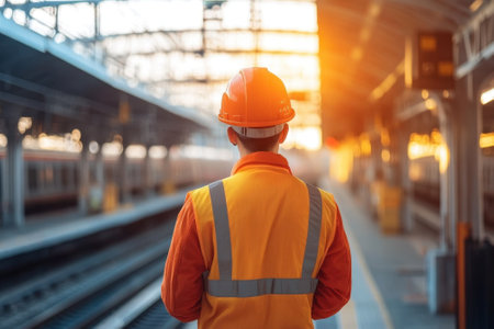 Construction worker in safety gear watches over an empty train station at sunset, highlighting his role.の写真素材