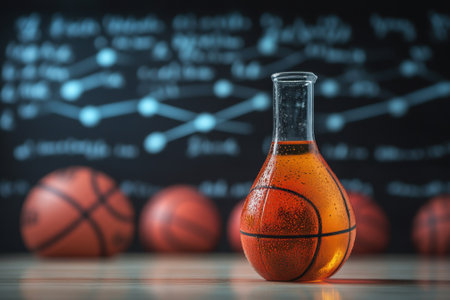 A flask resembling a basketball stands on a wooden table filled with an orange liquid against a black background.の写真素材