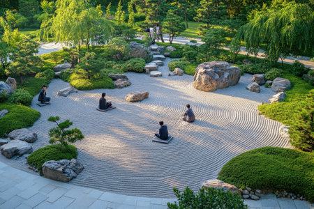 Four individuals meditate in a tranquil garden, surrounded by lush plants and raked sandy patterns.の写真素材