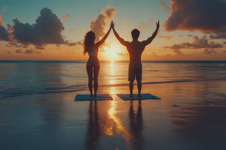 Two individuals practice yoga on mats at the beach, enjoying a vibrant sunset and the calm ocean breeze.の写真素材