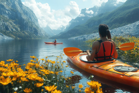 Two kayakers navigate a serene lake framed by majestic mountains and vibrant wildflowers under a sunny sky.の写真素材