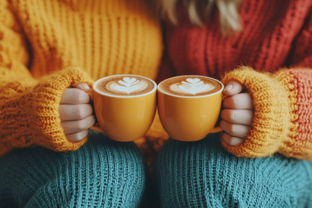 Two friends enjoy steaming coffee in vibrant mugs while wearing warm, knitted sweaters in a cozy setting.の写真素材
