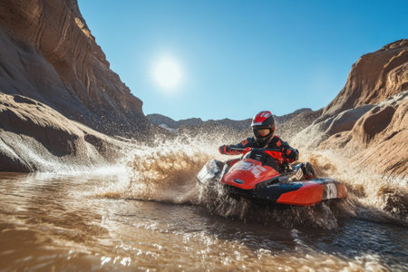 A person skillfully maneuvers a jet ski through a shallow canyon, creating splashes in the water under a sunny sky.の写真素材