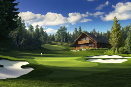 A scenic golf course features a cozy cabin and vibrant greenery under a bright blue sky.の写真素材