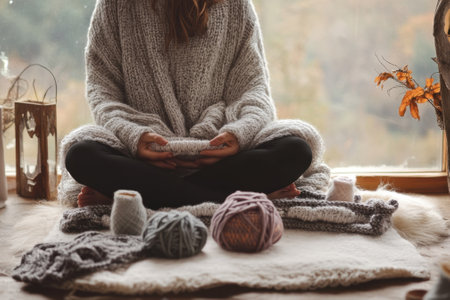 A person sits cross-legged on a soft surface, knitting with yarn in a warmly lit room filled with tranquility.の写真素材