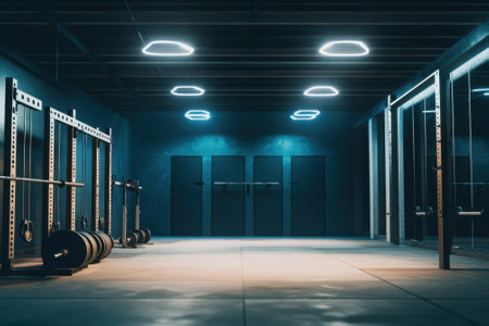 Spacious gym featuring weightlifting gear, minimalist design, and ambient lighting for fitness activities.の写真素材