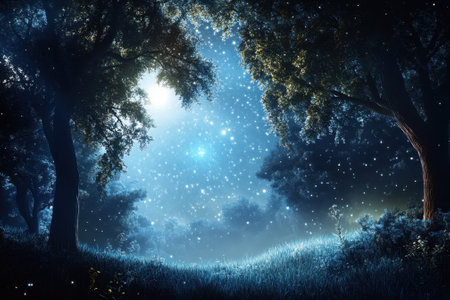 A tranquil forest scene showcases vibrant trees illuminated by twinkling stars in the night sky.の写真素材