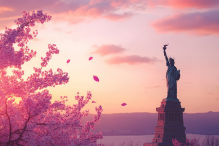 Cherry blossoms bloom in the foreground as the Statue of Liberty stands majestically at sunset.の写真素材