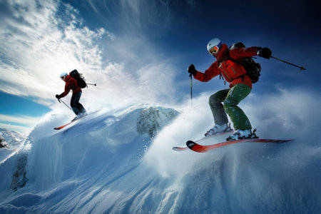 Skiers navigate a steep, snowy slope, carving turns as they enjoy a bright day in the mountains.の写真素材