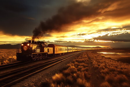 A vintage steam train moves along railway tracks under a glowing sunset, surrounded by rugged mountains and grasslands.の写真素材