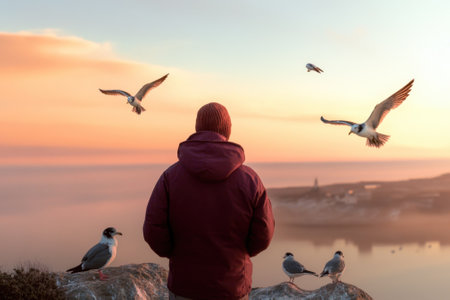 A man observes several birds flying above him as the sun sets over the calm water, creating a peaceful atmosphere.の写真素材