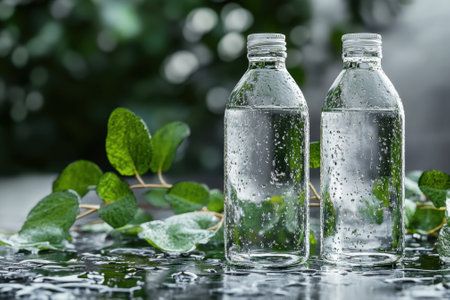 Two clear water bottles sit on a glossy surface, surrounded by vibrant green leaves and droplets.の写真素材