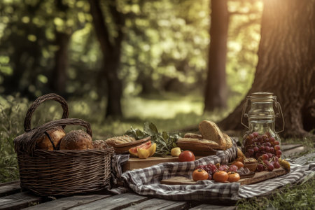 A relaxing outdoor picnic setting featuring an assortment of bread, fruits, and vegetables surrounded by nature.の写真素材