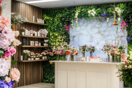 A floral shop showcases an array of colorful flowers arranged beautifully on display tables among lush greenery.の写真素材