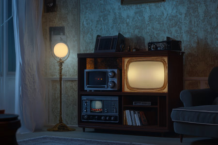 Soft lighting illuminates a cozy vintage living room featuring retro televisions and a decorative lamp.の写真素材