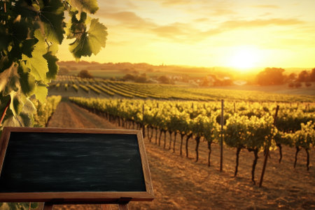 Golden sunset casts a warm glow over a vineyard filled with lush grapevines and a blank wooden sign.の写真素材