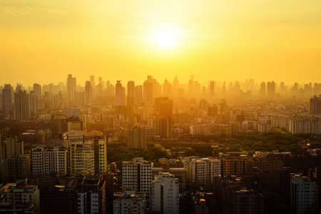 A stunning sunset casts a golden hue over a vast urban landscape filled with tall buildings and greenery.の写真素材