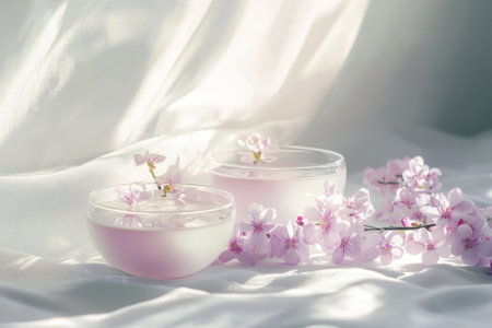 Two bowls filled with pink liquid sit among cherry blossom petals on a soft white fabric backdrop.の写真素材
