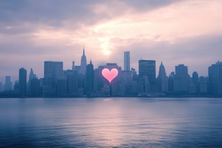 A glowing heart appears over the New York City skyline as the sun sets, casting a romantic atmosphere over the water.の写真素材