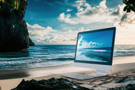 A desktop computer sits on the sandy beach, showing an ocean landscape under a clear sky at sunset.の写真素材