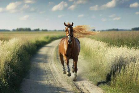 A chestnut horse runs swiftly down a dirt road lined with golden grass under a bright blue sky.の写真素材