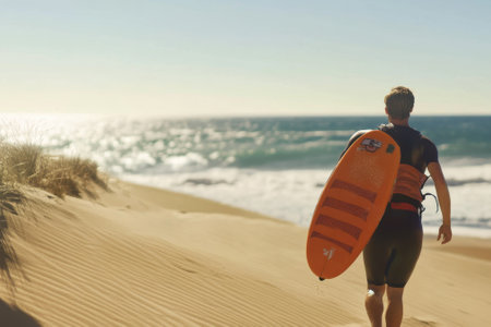 A person with an orange surfboard walks on a sandy beach, enjoying a sunny day by the ocean.の写真素材