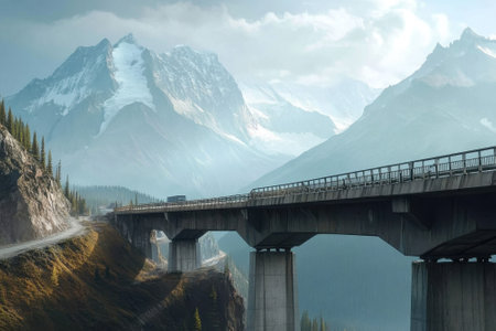 A bridge spans a deep gorge, connecting roads with towering snow-capped mountains in the background.の写真素材