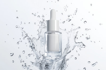 A clear serum bottle is surrounded by splashing water droplets, emphasizing freshness and purity.の写真素材