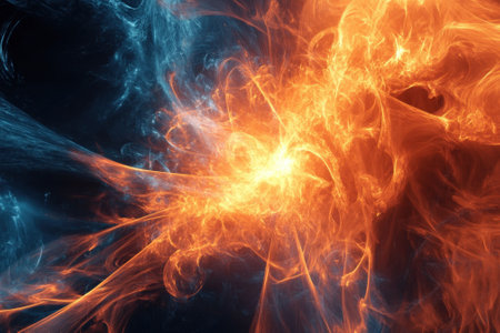 Vivid orange and blue hues intertwine, depicting energy flowing amidst a dark background, creating dynamic patterns.の写真素材