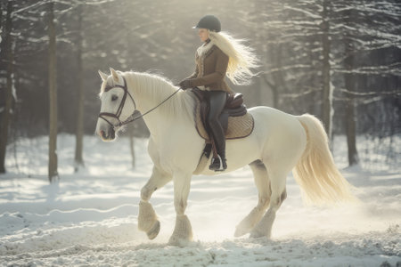 A woman rides a beautiful white horse through a serene snowy forest as the sun sets, creating a magical atmosphere.の写真素材