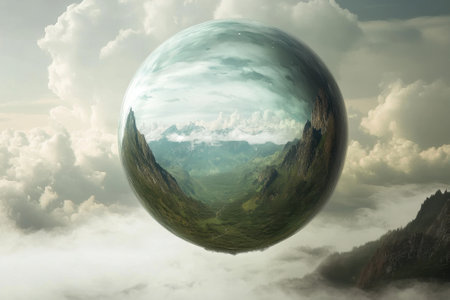 A mesmerizing crystal sphere hovers above a lush green valley surrounded by majestic mountains and a cloudy sky.の写真素材