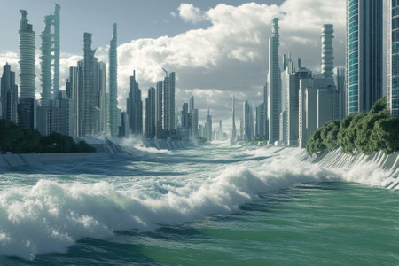 A vibrant city features tall, sleek buildings alongside choppy water waves on a cloudy day.の写真素材