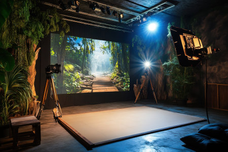 A creative studio showcases a vibrant forest backdrop on display, accompanied by professional lighting and cameras.の写真素材