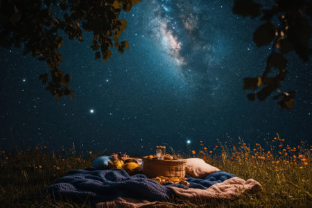 A cozy picnic setup in a grassy area features a basket and blankets beneath a star-filled night sky.の写真素材
