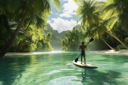 A person paddles calmly on a stand-up paddleboard in a clear tropical lagoon with vibrant palm trees.の写真素材