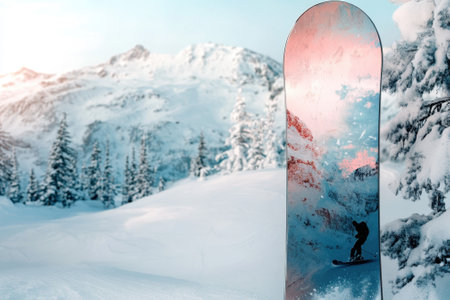 A snowboarder navigates a snowy slope with majestic mountains in the background during winter.の写真素材