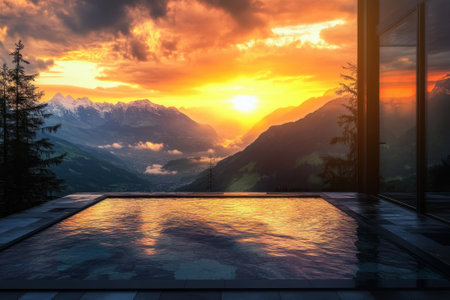 A stunning sunset casts vibrant colors over mountain peaks, with a serene pool reflecting the view.の写真素材