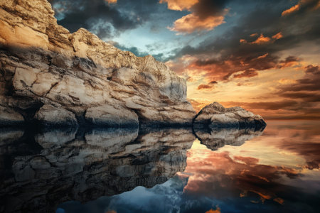 Rocky cliffs are illuminated by a colorful sunset, creating stunning reflections on calm water.の写真素材