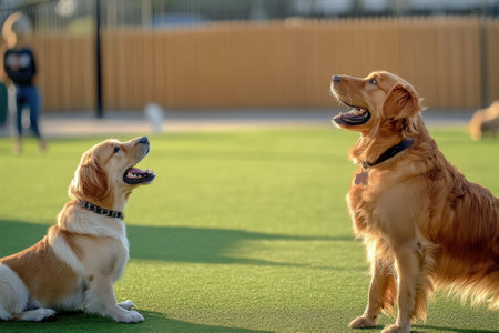 Two golden retrievers enjoy each other's company while playing at a dog park on a sunny afternoon.の写真素材