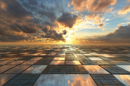 Breathtaking sunset casts warm colors over shiny tiles, creating a mirror effect with clouds above.の写真素材