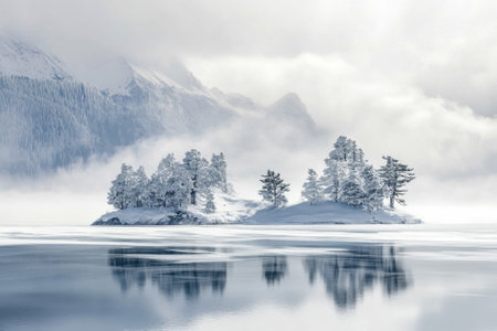 A serene winter landscape featuring an island surrounded by frosty trees and reflecting mountains in a calm lake.の写真素材