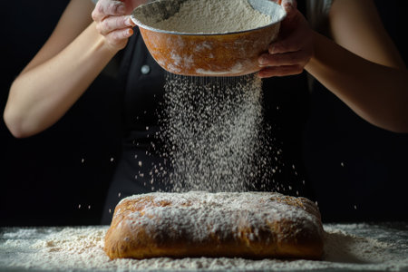 A person sprinkles flour on dough while preparing to bake in a cozy kitchen setting, creating a rustic atmosphere.の写真素材