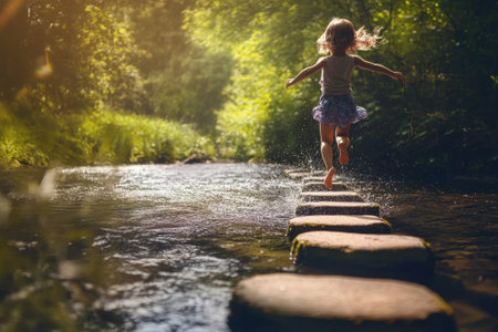 A young girl skips across stone steps in a clear stream, enjoying nature on a bright, sunny day.の写真素材
