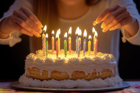 A child prepares to blow out the colorful candles on a beautifully decorated birthday cake during a celebration.の写真素材