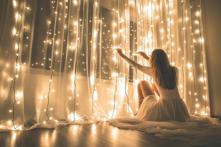A woman in a white dress plays with glowing fairy lights in a serene indoor space at night.の写真素材