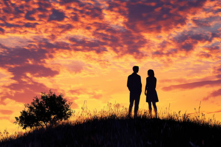 Silhouetted against a colorful sunset, a couple enjoys a quiet moment on a grassy hilltop, immersed in nature.の写真素材