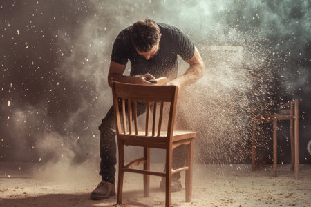 A craftsman intensely sands a wooden chair in a workshop, creating a cloud of dust in the air during the process.の写真素材